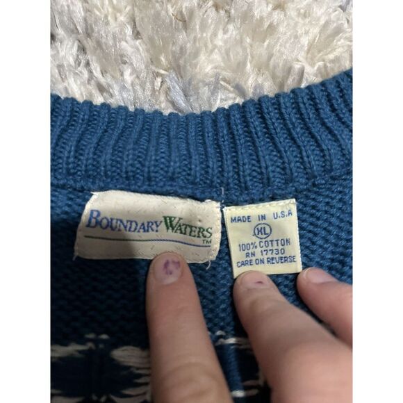 Boundary Waters Blue Knit V Neck Sweater Size XL Geometric Stripes - Picture 2 of 3
